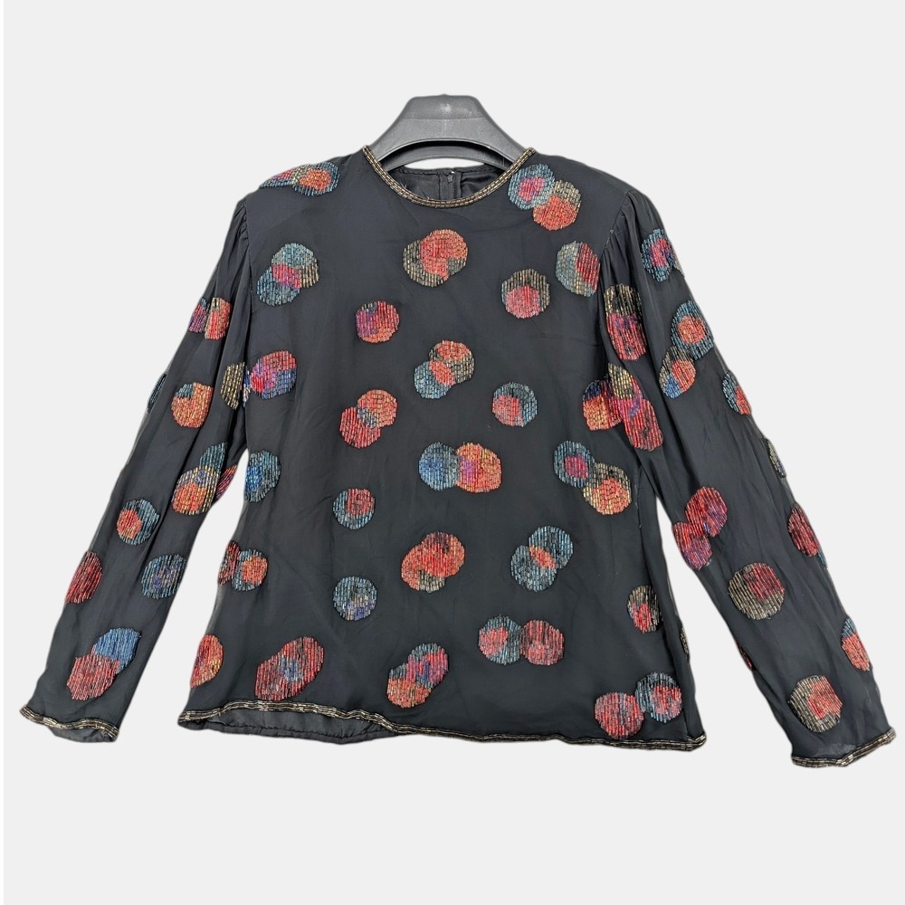 Vintage Silk Beaded Polka Dot Blouse Black Sheer Long Sleeve Size M